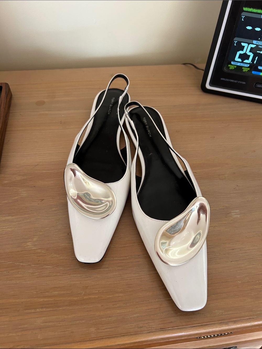 White Pointed Slingback Flats with Sculptural Silver Accent - Picture 1 of 2